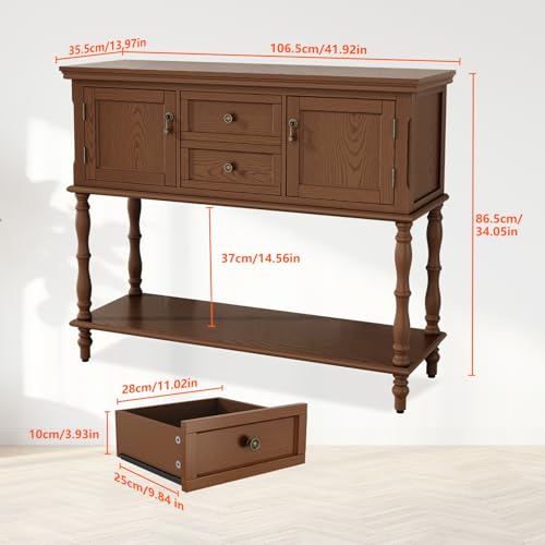 ARTPOWER Console Table with 2 Drawers, Retro Entryway Table with 2 Door | Solid Wood Veneer Entry Table, Behind Couch Sofa Table with Open Storage Shelf for Living Room, Foyer, Hallway - color: Brown