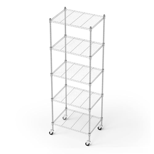 Garage Shelving with Wheels, 5 Tier Shelving Unit and Adjustable Feet, 865 lb High Capacity Rolling Storage Shelf for Kitchen, Office, Dining Room, Garage(23.6"x 17.7"x 72"), Chrome - color: Silver, size: 5-Tier with Wheels