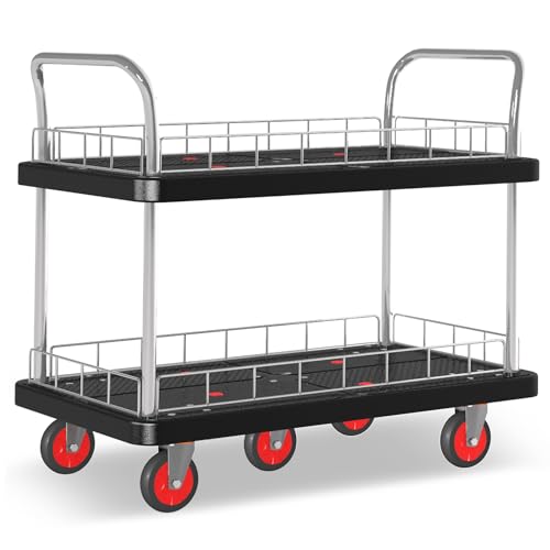 Utility Service Cart 2 Shelf - 880lbs Capacity Heavy-Duty Plastic Rolling Utility Carts with 5 of 360° Swivel Wheels and Handle, Large Service Cart for Groceries, Warehouse,Garage 43.5''x25.6'' - color: 880lbs Capacity