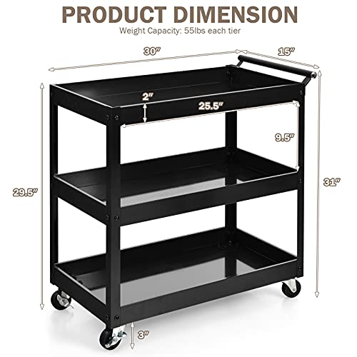 3 Tier Rolling Cart, Utility Cart on Wheels with 330lbs Load Capacity & Ergonomic Handle, Tool Cart Organizer Service Carts for Garage, Office, Library, Workshop (Black) - size: 2.5" Wheels