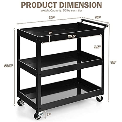3 Tier Rolling Cart, Utility Cart on Wheels with 330lbs Load Capacity & Ergonomic Handle, Tool Cart Organizer Service Carts for Garage, Office, Library, Workshop (Black) - size: 2.5" Wheels