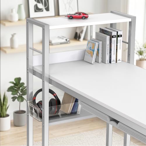 SHW 46-Inch Home Office Computer Desk w/Side Shelf & Drawer, White | w/ Reversible Adjustable Shelf | Drawer with adjustable compartments - color: White