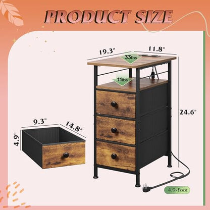 WLIVE Narrow Side Table with Charging Station, End Table with LED Lights,3 Fabric Drawers and Open Storage Shelf, Bed Side Tables Living Room, Small Spaces, Bedroom, Rustic Brown - color: Rustic Brown, size: 3 Drawers