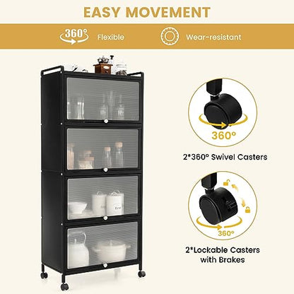 5-Tier Kitchen Storage Cabinet, Mobile Microwave Stand with Metal Frame, 4 Lockable Casters & Flip-up PC Doors, Freestanding Bakers Rack for Kitchen, Dining Room, Living Room (Black) - color: Black
