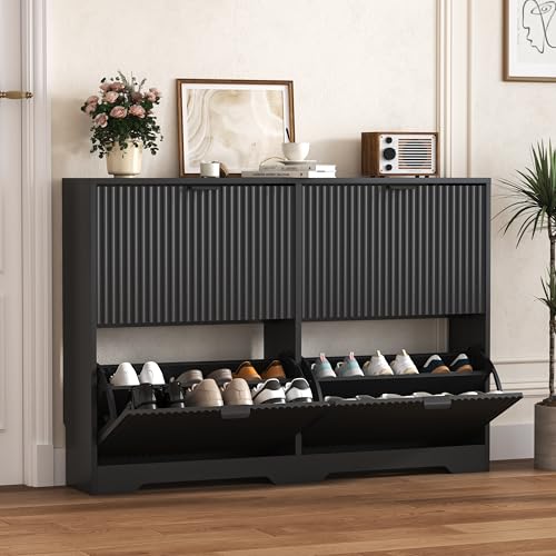 HUANLEGO Shoe Cabinet Storage for Entryway with 4 Flip Drawers, Black Fluted Shoe Cabinet with Adjustable Shelves, Wooden Hidden Shoe Rack Freestanding Narrow Slim Shoes Storage for Hallway, Entrance - color: Black, size: 4 Drawer
