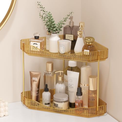 Lifewit 2-Tier Corner Bathroom Counter Organizer, Plastic Makeup Skincare Organizers Storage Countertop, Large Sink Cosmetic Perfume Shelf for Bedroom, Dresser, Kitchen, Vanity, Gold, 25 cm/10inch(H) - color: Gold, size: 2 Tier