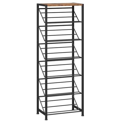 HOOBRO Narrow Shoe Rack for Small Spaces, Slanted Shoe Organizer for Entryway, Slim Angled Shoe Storage Rack for Closet, Space Saving 7 Tier Shoe Shelf Holds 6-12 Pairs, Rustic Brown BF72XJ01 - size: 7 Tier ( 45.9"H)