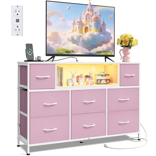 WLIVE Dresser TV Stand for 45, 50, 55 inch TV, Entertainment Center with LED Lights & Charging Station, Chest of Drawers with 8 Fabric Drawers and Open Shelves for Living Room, Hallway, A-Pink - color: A-pink