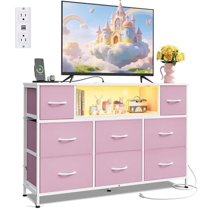 WLIVE Dresser TV Stand for 45, 50, 55 inch TV, Entertainment Center with LED Lights & Charging Station, Chest of Drawers with 8 Fabric Drawers and Open Shelves for Living Room, Hallway, A-Pink - color: A-pink