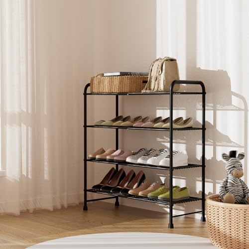 4-Tier Short Metal Shoe Rack,Extra Large Capacity Adjustable Stackable Shoe Organizer Shelf for Closet Entryway, Bedroom,Living Room, Floor,Hallway Shoe Shelf,Black 28" W × 32.3" H