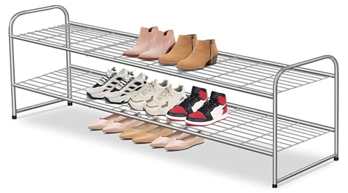 AOODA 2 Tier Long Metal Shoe Rack for Closet Wide Stackable Shoe Storage Organizer 18-Pairs Low Small Sneaker Rack for Entryway, Bedroom, Garage, Grey - color: Grey, size: 11.4 x 42.7 x 18.7