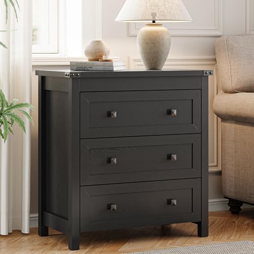 Xixini Farmhouse Nightstand with 3 Storage Drawers, 27.55" Wide Wood Bedside Table, Modern Side Table with Metal Handle, End Table for Bedroom, Black - color: Black