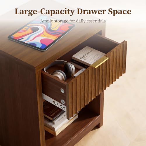 Fluted Nightstands Set of 2, Wooden Night Stand with Drawer Storage, Modern Mid Century End Table,for Bedroom Living Room Sofa Couch Home Office,Walnut