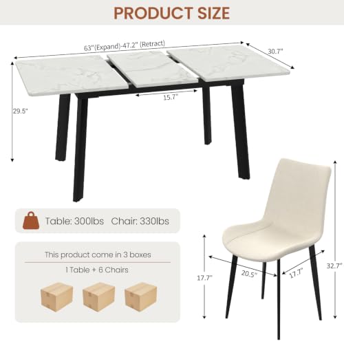 47.2"-63" Extendable Dining Room Table Set for 4-8 People, White | Removable Extension Leaf, Durable MDF Rectangle Tabletop, 6 Beige Sleek Faux Leather Chairs, Heavy Duty Modern Kitchen Table - color: 47.2'' - 63'' White Table+6 Beige Chairs