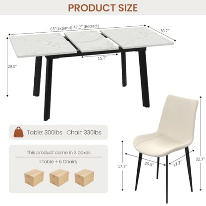 47.2"-63" Extendable Dining Room Table Set for 4-8 People, White | Removable Extension Leaf, Durable MDF Rectangle Tabletop, 6 Beige Sleek Faux Leather Chairs, Heavy Duty Modern Kitchen Table - color: 47.2'' - 63'' White Table+6 Beige Chairs