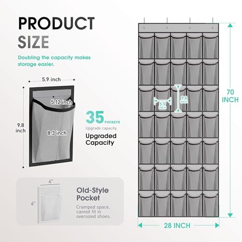 WVM Over the Door Shoe Organizer with 35 Breathable Mesh Pockets, Hanging Shoe Organizer for Door with 4 Metal Hooks, Large Capacity Closet Storage for Shoes, Accessories, Grey - style: Grey