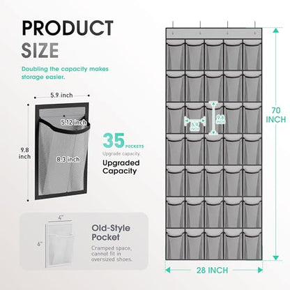 WVM Over the Door Shoe Organizer with 35 Breathable Mesh Pockets, Hanging Shoe Organizer for Door with 4 Metal Hooks, Large Capacity Closet Storage for Shoes, Accessories, Grey - style: Grey