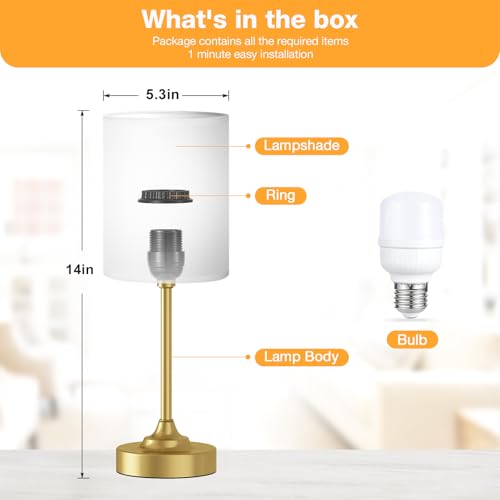 Fenmzee Gold Nightstand Bedroom Lamp - 3 Way Dimmable Bedside Lamp, Small Table Lamp Linen Lampshade for Office Desk, LED Bulb Included - color: White Shade-Gold Base, size: 14" Touch Control