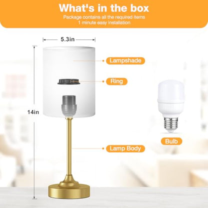 Fenmzee Gold Nightstand Bedroom Lamp - 3 Way Dimmable Bedside Lamp, Small Table Lamp Linen Lampshade for Office Desk, LED Bulb Included - color: White Shade-Gold Base, size: 14" Touch Control