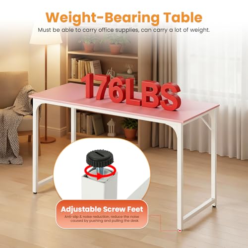 Dkelincs 47 Inch Computer Desk Home Office Desk Gaming Writing Desk Modern Simple Style Study Work Table with Metal Frame, Large Legroom, Adjustable Feet, Water-Resistant, Scratchproof Surface, Pink - color: Pink, size: 47 Inch