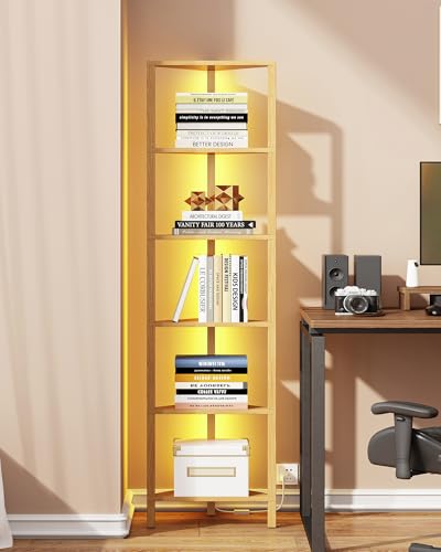 TUTOTAK Corner Shelf with LED Light, 6-Tier Corner Bookshelf | for Small Space, Narrow Display Corner Shelf Stand with Storage Rack, for Living Room, Bedroom, Natural BS05BN006L - color: Natural, size: 6-tier With Led