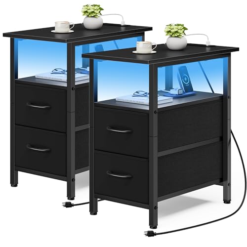 Vagusicc Set of 2 Black Nightstand with Charging Station and LED Lights, Narrow Side Table, LED Night Stand with 2 Fabric Drawers, Bedside Table Small End Table, Tall Nightstand for Bedroom, Black - color: Black, size: 2, style: With LEDs