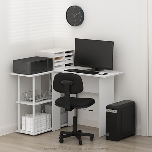 Furinno Abbott L-Shape Desk with Bookshelf, 41.14 (W) x 28.94 (H) x 34.45 (D) inches, White/White - color: White/White, style: Plastic Poles