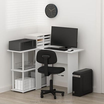 Furinno Abbott L-Shape Desk with Bookshelf, 41.14 (W) x 28.94 (H) x 34.45 (D) inches, White/White - color: White/White, style: Plastic Poles