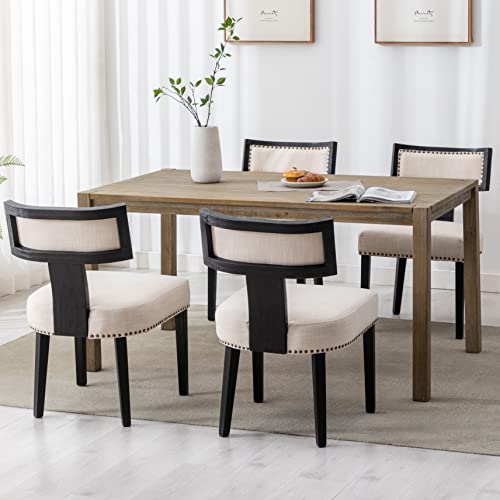 RIVOVA Mid Century Modern Dining Chairs Set of 4 Linen Fabric Upholstered Kitchen Side Chairs with Nailhead Trim, Modern Kitchen Armless Solid Wood Dining Chairs, Beige - color: Beige Black Nailhead