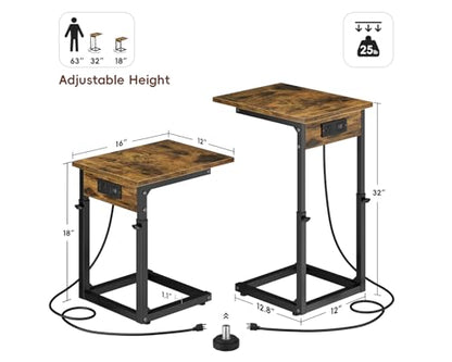 Vagusicc C Shaped End Table with Charging Station, 33"Tall Side Table for Couch, C-Table End Table Adjustable Height Side Table,Slide Under Couch Table TV Tray Table for Sofa,Living Room,Bedroom,Brown - color: Rustic Brown, style: Charging Station