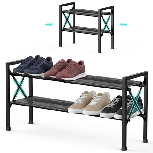 YEASHEIN 2-Tier Expandable Shoe Rack Organizer with Wire Mesh Shelves, Sturdy Metal Shoe Shelf with 3-Tier Storage, adjustable Shoe Stand, Free Standing Shoe Rack for Closet, Entryway, Garage - Black - size: 2 Tier