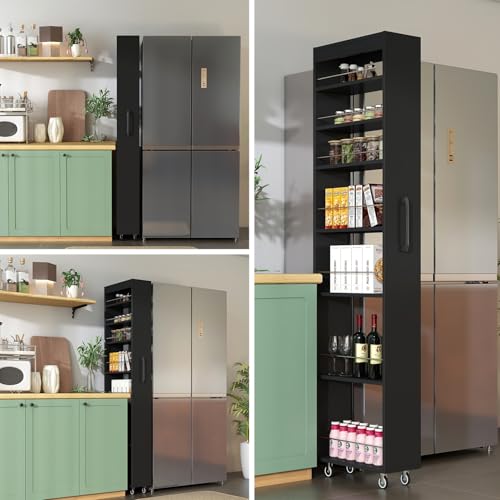 7-Shelf Tall Narrow Storage Cabinet with Wheels, 71 Inch, Black | Slim Pull-Out Organizer, 7.87 Inch Wide for Small Spaces Between Washer/Dryer, Kitchen, Bathroom and Laundry Room - color: E-black