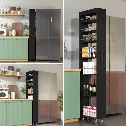 7-Shelf Tall Narrow Storage Cabinet with Wheels, 71 Inch, Black | Slim Pull-Out Organizer, 7.87 Inch Wide for Small Spaces Between Washer/Dryer, Kitchen, Bathroom and Laundry Room - color: E-black