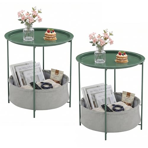 VECELO Round Side/End Table with Fabric Storage Basket，Metal Anti-Rust and Waterproof Small Bedside Nightstand with Removable Tray Top for Living Room，Balcony & Laundry，Dark Green /2pcs with Basket - color: Dark Green, size: 2 PCS with Basket
