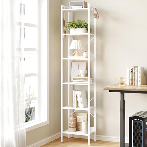 Hzuaneri Bookshelf, Book Shelf, Industrial Bookcase with 2 Hooks, Coner Shelf Storage Organizer for Home Office, Living Room, Bedroom, Kitchen, 6-Tier White BC10713W - color: White, size: 9.4"D x 15.4"W x 72.8"H