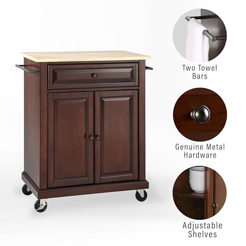 Crosley Furniture Compact Wood Top Small Rolling Cart with Shelves, Microwave Stand with Towel Rack, Mahogany - color: Mahogany, style: Natural Wood Top