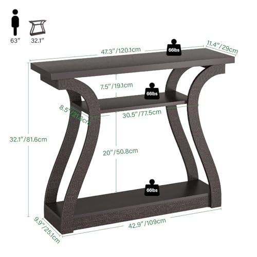 47" Wood Console Table for Entryway, Narrow Sofa Table with 3-Tier Shelves | Curved Legs Farmhouse Hallway Table, Skinny Console Table Behind Couch, Rustic Wooden Entry Table for Living Room (Brown) - color: Dark Brown