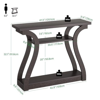 47" Wood Console Table for Entryway, Narrow Sofa Table with 3-Tier Shelves | Curved Legs Farmhouse Hallway Table, Skinny Console Table Behind Couch, Rustic Wooden Entry Table for Living Room (Brown) - color: Dark Brown