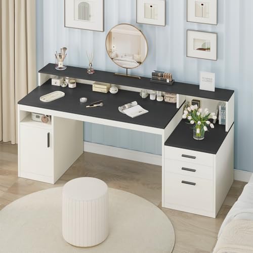 YOMILUVE 65 Inch Computer Desk with 3 Drawers & Storage Shelves, Executive Desk with File Drawer & Cabinet, Home Office Desk with Long Monitor Stand & Printer Shelf, Black & White - color: Black & White