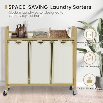 SwaaVee Laundry Sorter, Laundry Hamper 3 Section, 3×11.4Gal, Metal Frame Rolling Laundry Basket with Wooden Top Shelf, Pull out and Removable Laundry Bags, 3 Bags-Golden - color: Gold