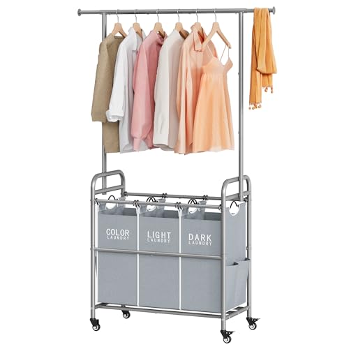 Laundry Sorter 3 Section, Laundry Cart with Hanging Rack, Gray | 39 Gal Laundry Sorter with Hanging Bar and Extended Side Bars, Divided Laundry Basket Organizer for Laundry Room, Bedroom - color: Gray, size: 3 bag