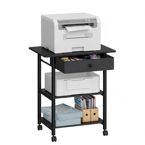 VASAGLE Printer Stand with Locking Wheels, Industrial Mobile Cart, Under Desk Printer Table for Home Office, 23.6 x 15.7 x 27.6 Inches, 2 Storage Shelves, Drawer, 3-Tier, Ebony Black - color: Ebony Black, size: 3 Tiers with Drawer