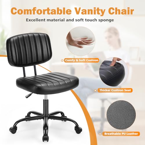 Sweetcrispy Small Office Desk Chair, Armless PU Leather with Comfy Lumbar Support, Height Adjustable Rolling Swivel Task for No Arms, for Adult, Student, Bedroom, Home, Vanity, Black - color: Dark Black