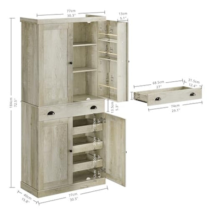 IRONCK Kitchen Pantry Cabinet 72" Height, Freestanding Cupboard with Drawer, Sliding Storage Rack, and 6 Hanging Shelves for Dining Room, Laundry, Rustic Maple - color: Rustic Maple
