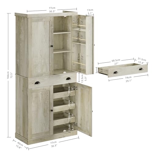 IRONCK Kitchen Pantry Cabinet 72" Height, Freestanding Cupboard with Drawer, Sliding Storage Rack, and 6 Hanging Shelves for Dining Room, Laundry, Rustic Maple - color: Rustic Maple