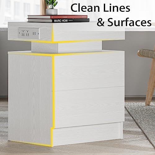 LIKIMIO Nightstand with Charging Station LED Light and 2 Drawers White | bedside table; end table; charging station; LED light; 2 drawers; White wood grain; small spaces - color: White