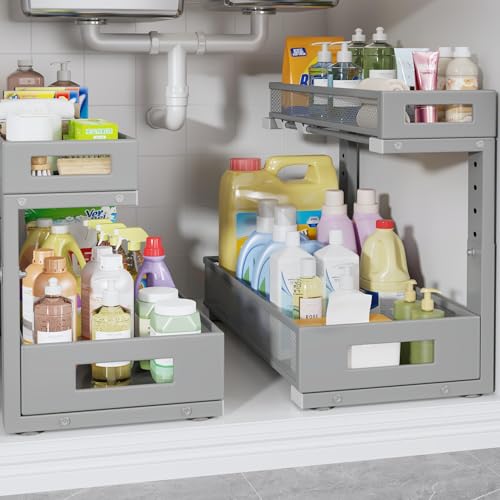 2 Pack 17IN Depth Under Sink Storage Organizer, Large 2-Tier Elegant Mesh Pull Out Shelf for Kitchen and Bathroom Cabinet Organization, L-Shaped and Adjustable Height Design-Gun Gray - color: Gun Gray, size: 2 Pack-17"Dx11.4"-16.14"H