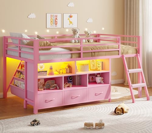 BTHFST Low Loft Bed Twin Size with 3 Storage Drawers, 3-Tier Kids Bookshelf, 5 Open Cubbies and 2 LED Lights Strips, Metal Kids Loft Bed with High Safety Guardrail, Inclined Ladder and Play Area - color: Pink