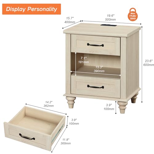 WAMPAT Beige Side Table with Charging Station, Elegant Nightstand for Bedroom with 2 Drawers & Open Shelf, Wooden End Table Bedside Table for Living Room, Kids Room - color: Beige