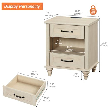 WAMPAT Beige Side Table with Charging Station, Elegant Nightstand for Bedroom with 2 Drawers & Open Shelf, Wooden End Table Bedside Table for Living Room, Kids Room - color: Beige